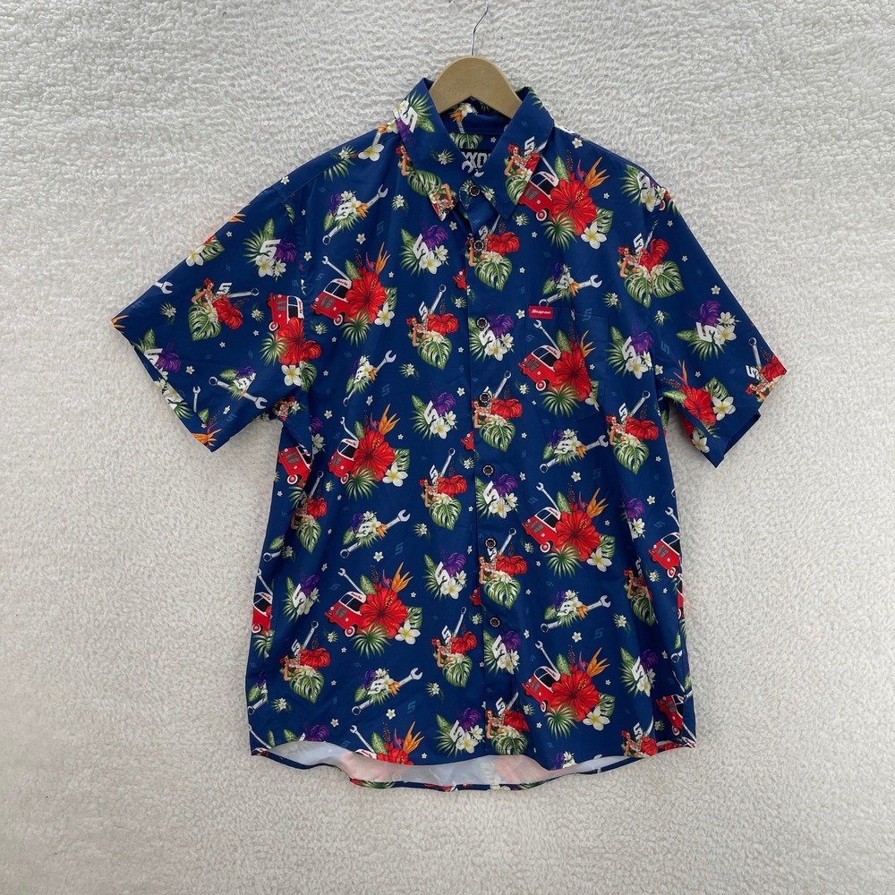 Dixxon X Snap-On Tools Hawaiian Shirt Mens Large Blue Workwear Summer Colorful